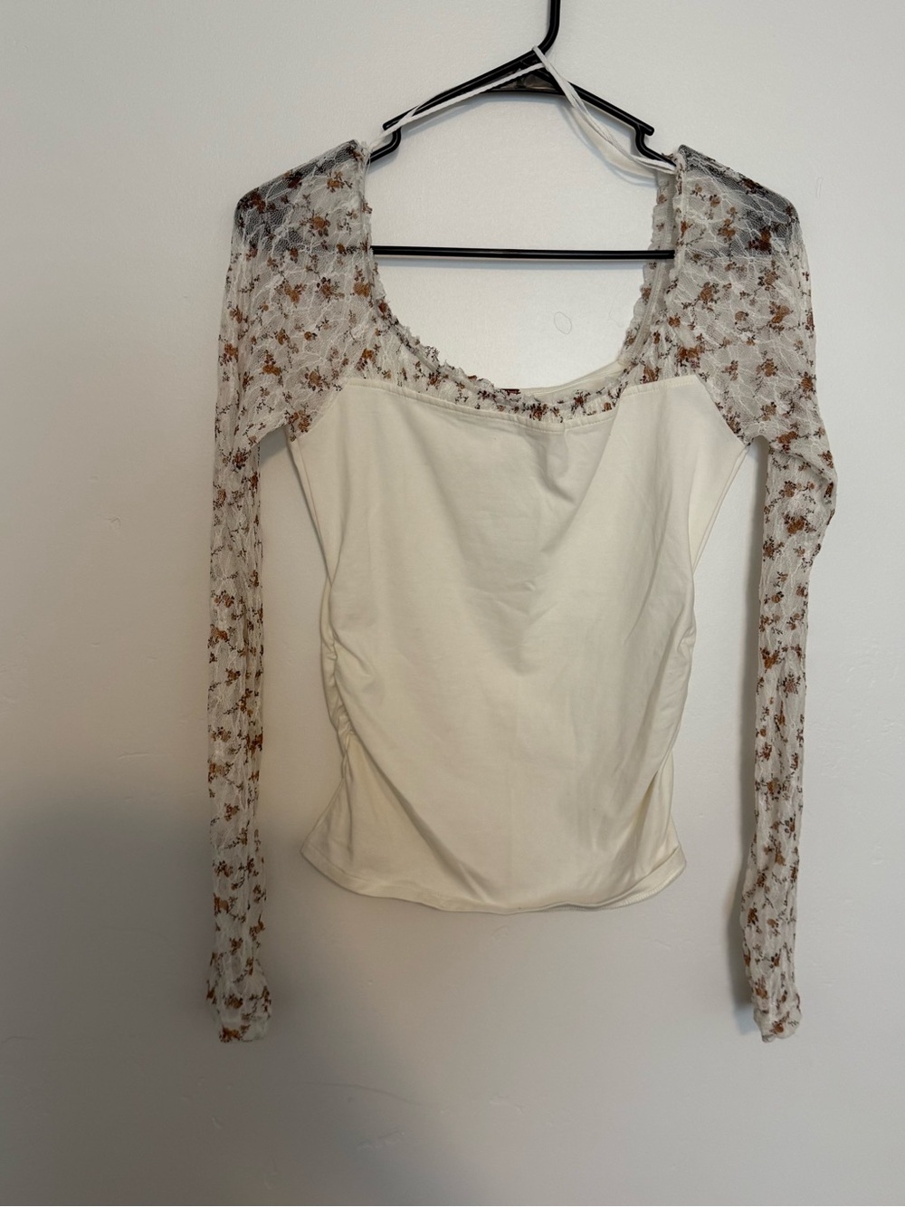 Free People Cream Long Sleeve Mesh Floral Panel Top